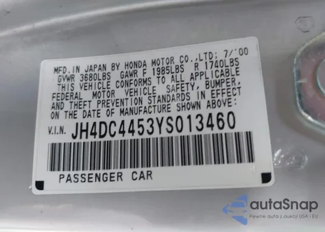 2000 Acura Integra Ls from USA, damaged, VIN JH4DC4453YS013460